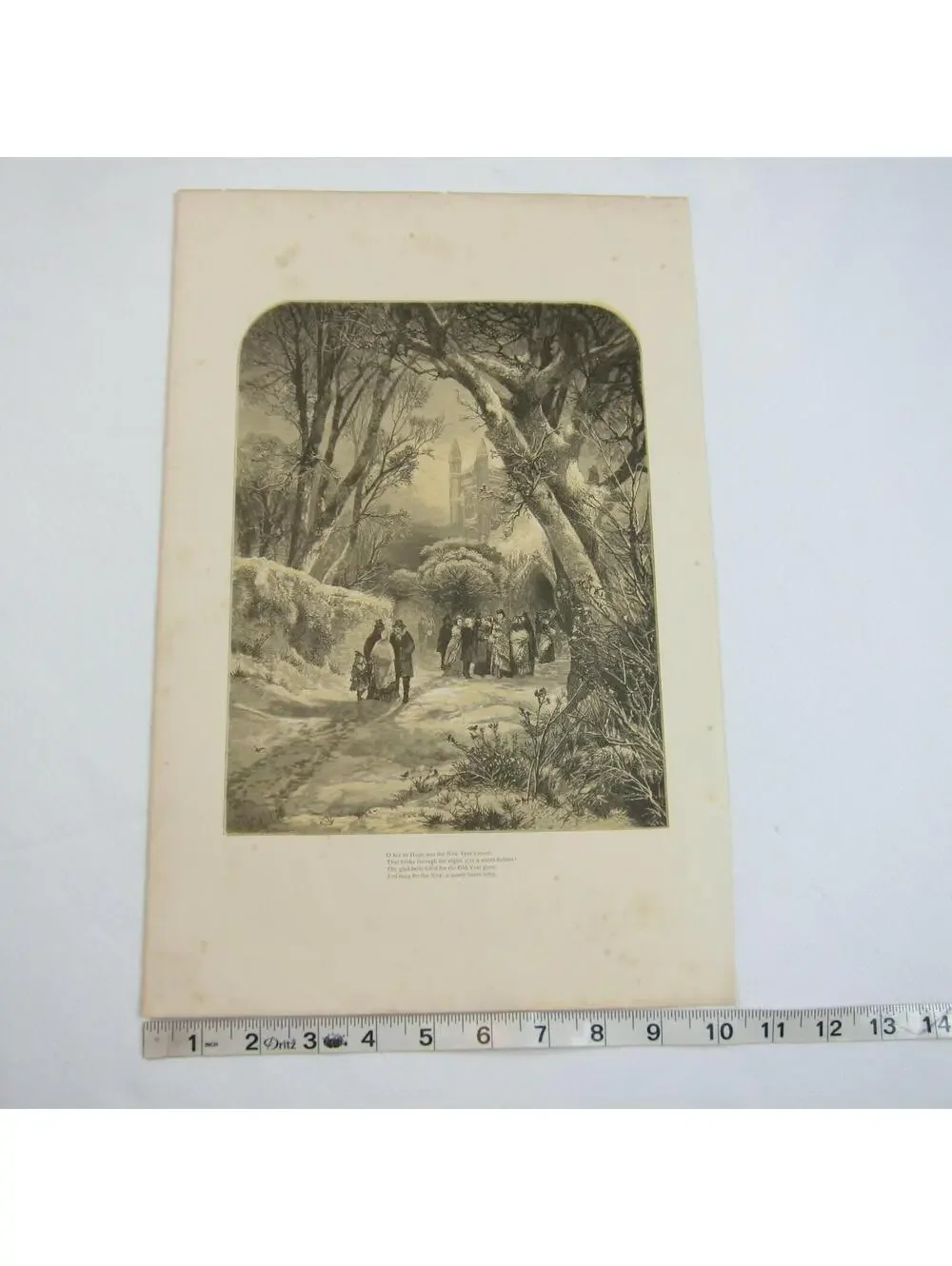 Antique 1870s Wood Engraving Print Cathedral Churchgoers New Years Thomas Moran